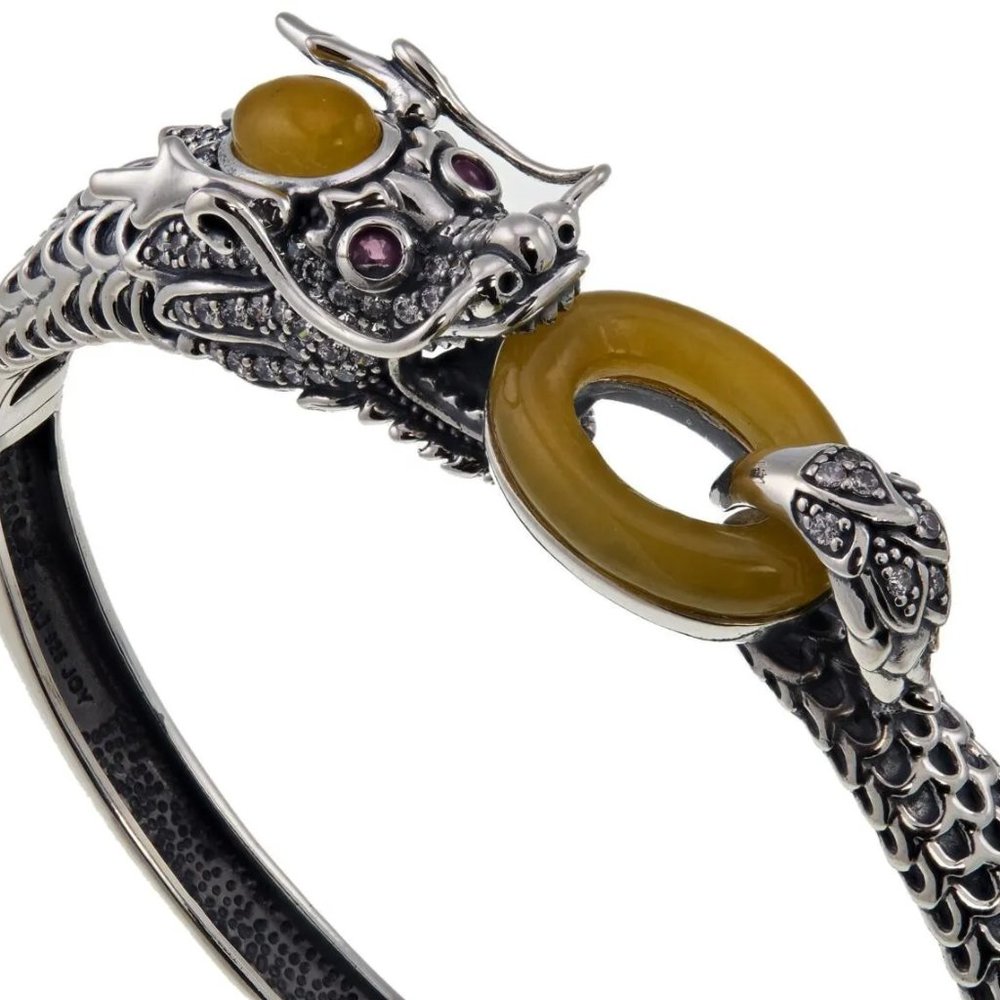 Jade of Yesteryear Yellow Jade, Ruby and CZ Sterling Silver Dragon Bracelet